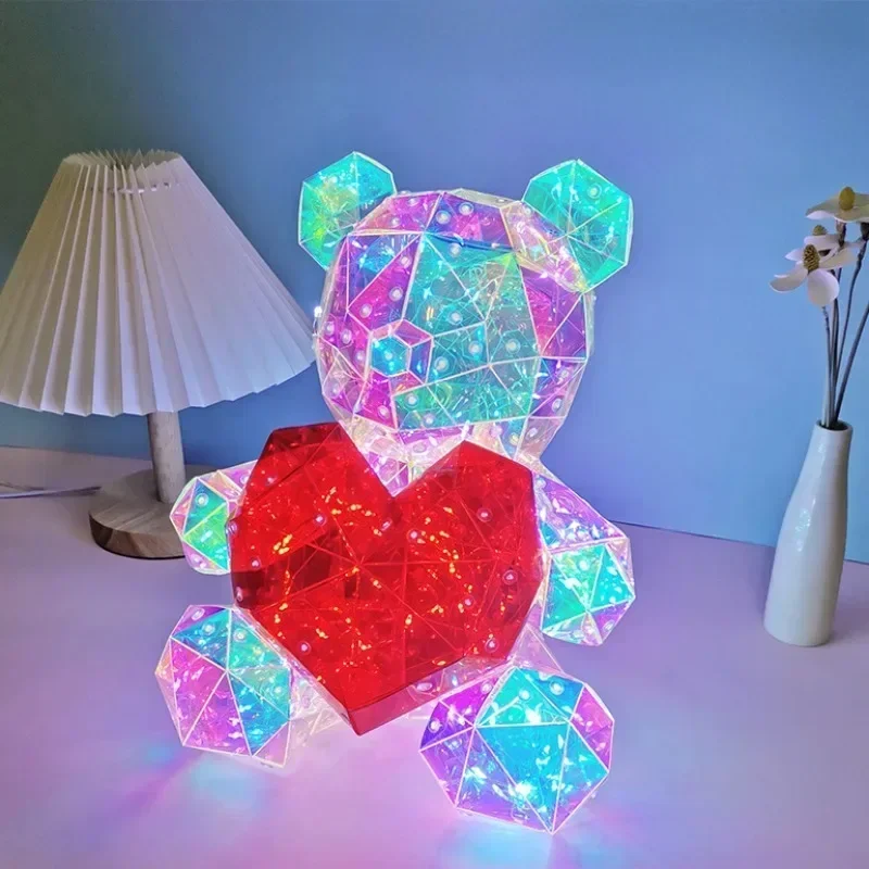 Lampka LED w kształcie misia 30 cm, kolorowa, błyszcząca, romantyczna, idealna na prezent, niespodzianka, dekoracja do sypialni dla dziewczyn, na urodziny, walentynki.