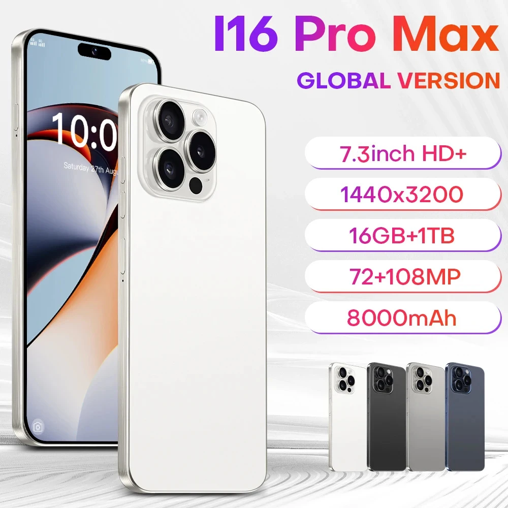 2025 HOT i16 pro max NUEVA edición global 7.3HD Tarjeta dual inteligente original Batería de 6800 mAh Función de reconocimiento facial