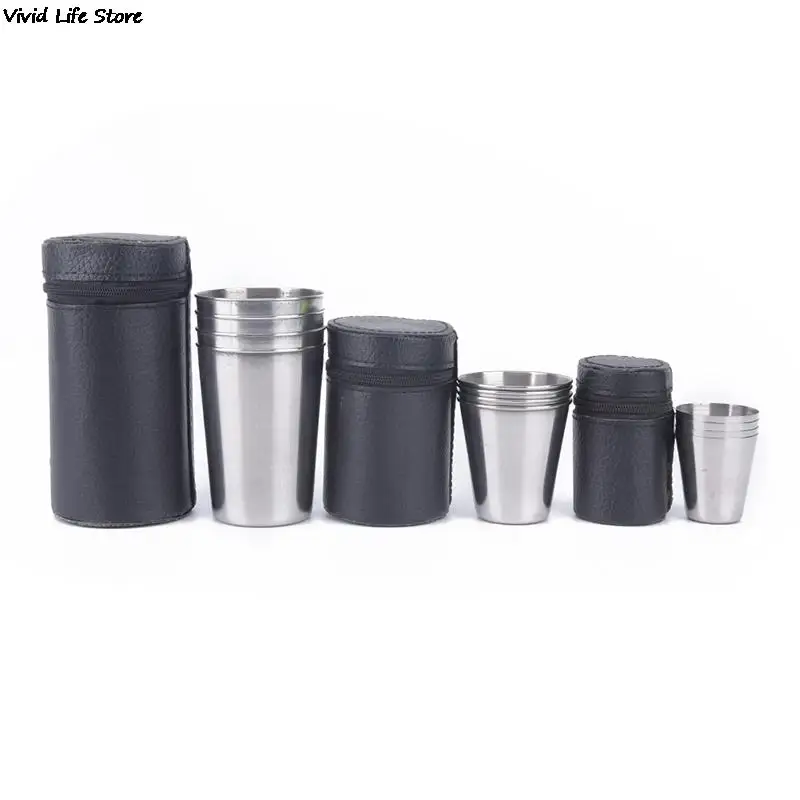 Vajilla con taza para acampar al aire libre, juego de tazas de viaje de 30ml/70ml/170ml, taza con cubierta de acero inoxidable para beber café, té y cerveza con funda