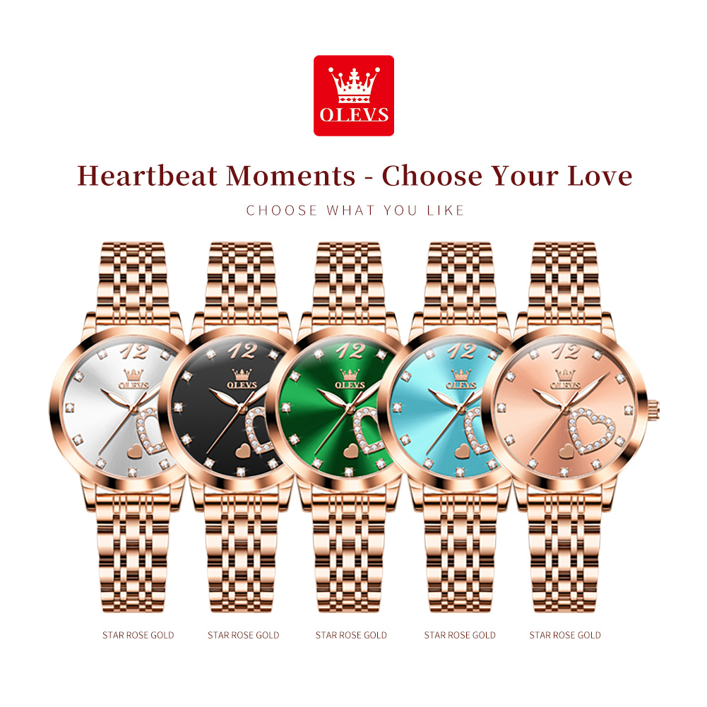OLEVS Relógio de quartzo feminino, diamante incrustado, pulseira de aço, amor, 5189