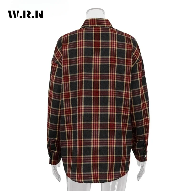 Clacive-Camisas de manga comprida xadrez feminina, blusa com renda de bolso vintage, blusa feminina elegante, folgada, na moda