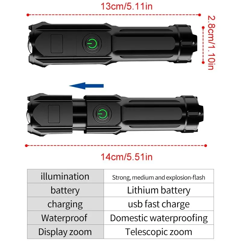 강력한 LED 손전등 100000   루멘 전술 손전등 충전식 USB 18650 방수 줌 낚시 사냥 LED 손전등