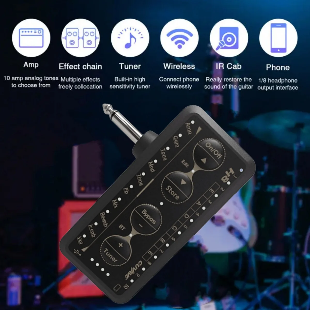 M-VAVE H8 Amplificatore per cuffie per chitarra Mini amplificatore per cuffie ricaricabile portatile Effetto riverbero con ritardo integrato per basso elettrico