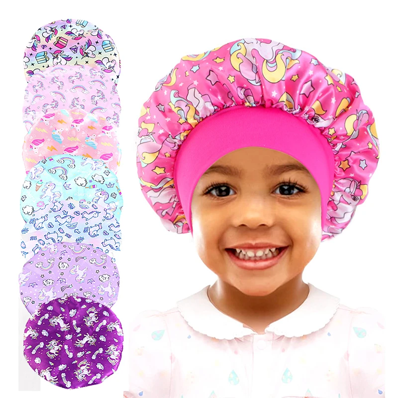 Gorro de satén con estampado de dibujos animados para bebés y niños, gorro para dormir para pelo rizado, gorro de satén sedoso ajustable para niños pequeños, gorros para dormir de noche