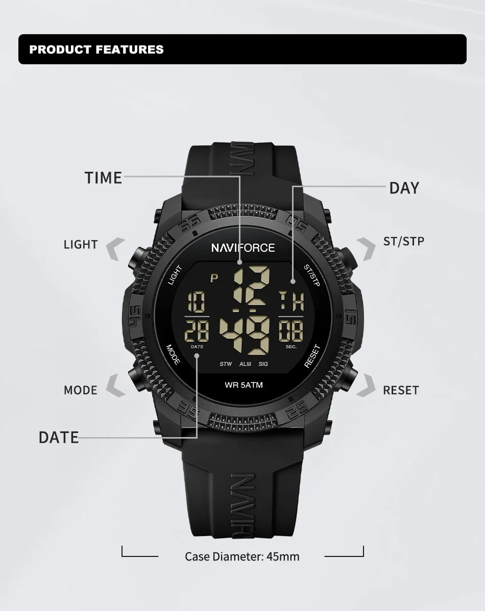 NAVIFORCE NF7104 ผู้ชาย LCD Digital Casual วันที่และสัปดาห์นาฬิกาปลุกสายซิลิโคนกันน้ํานาฬิกาอิเล็กทรอนิกส์