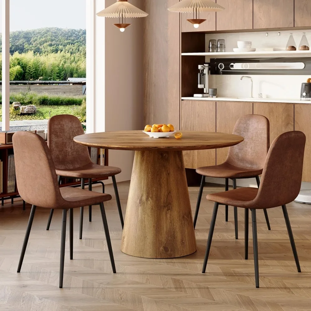 Round Dining Table Set for 4,45'' Wood Kitchen Table Set with Suede Chairs,Farmhouse Dining Table Set for 4,Deal for Apartment
