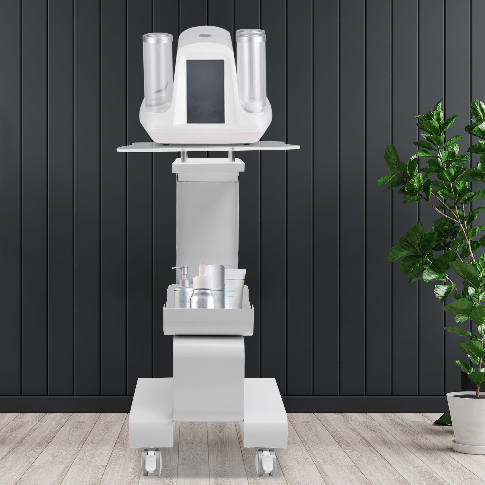 Salonwagen aus Metall und Acryl mit geräumiger Stauraum für Schönheitswerkzeuge