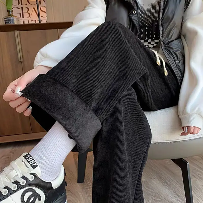 ฤดูใบไม้ร่วงฤดูหนาวใหม่หลวมทั้งหมดตรงกับกางเกง Corduroy Elastic เอวขนแกะสบายๆตรงกางเกงแฟชั่นผู้หญิงวินเทจเสื้อผ้า