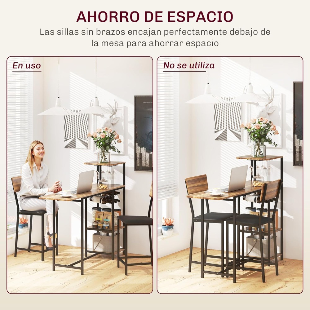 Juego de mesa de bar y taburetes Mesa de cocina alta con 2 taburetes laterales plegables, estante para vino y estante, estilo industrial marrón y negro