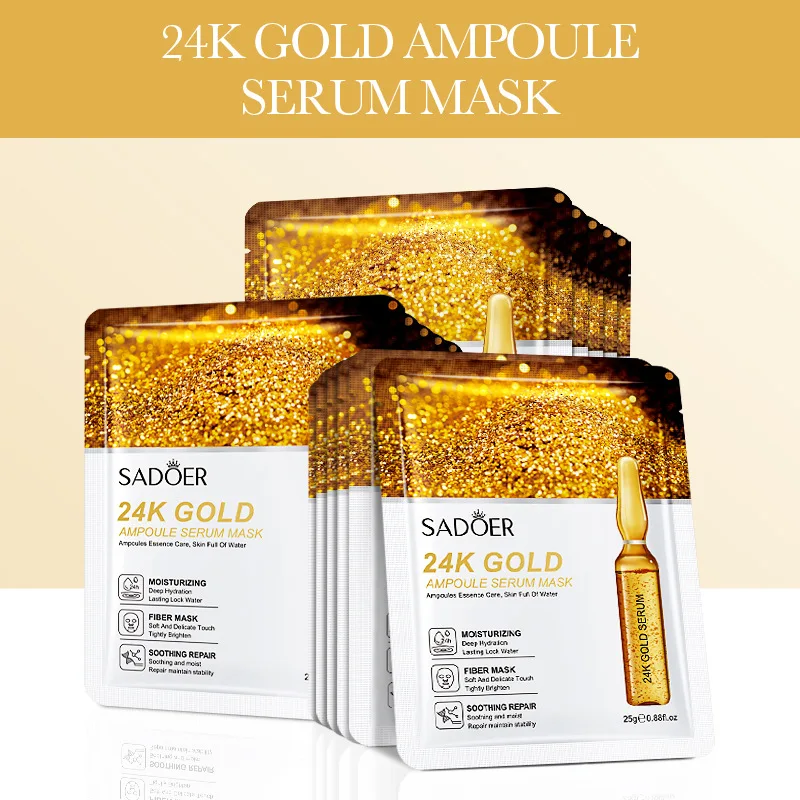 Máscara protectora do ácido hialurónico do ouro 24K, endurecimento facial, hidratando, iluminando, hidratando, produtos dos cuidados com a pele, 15 PCes