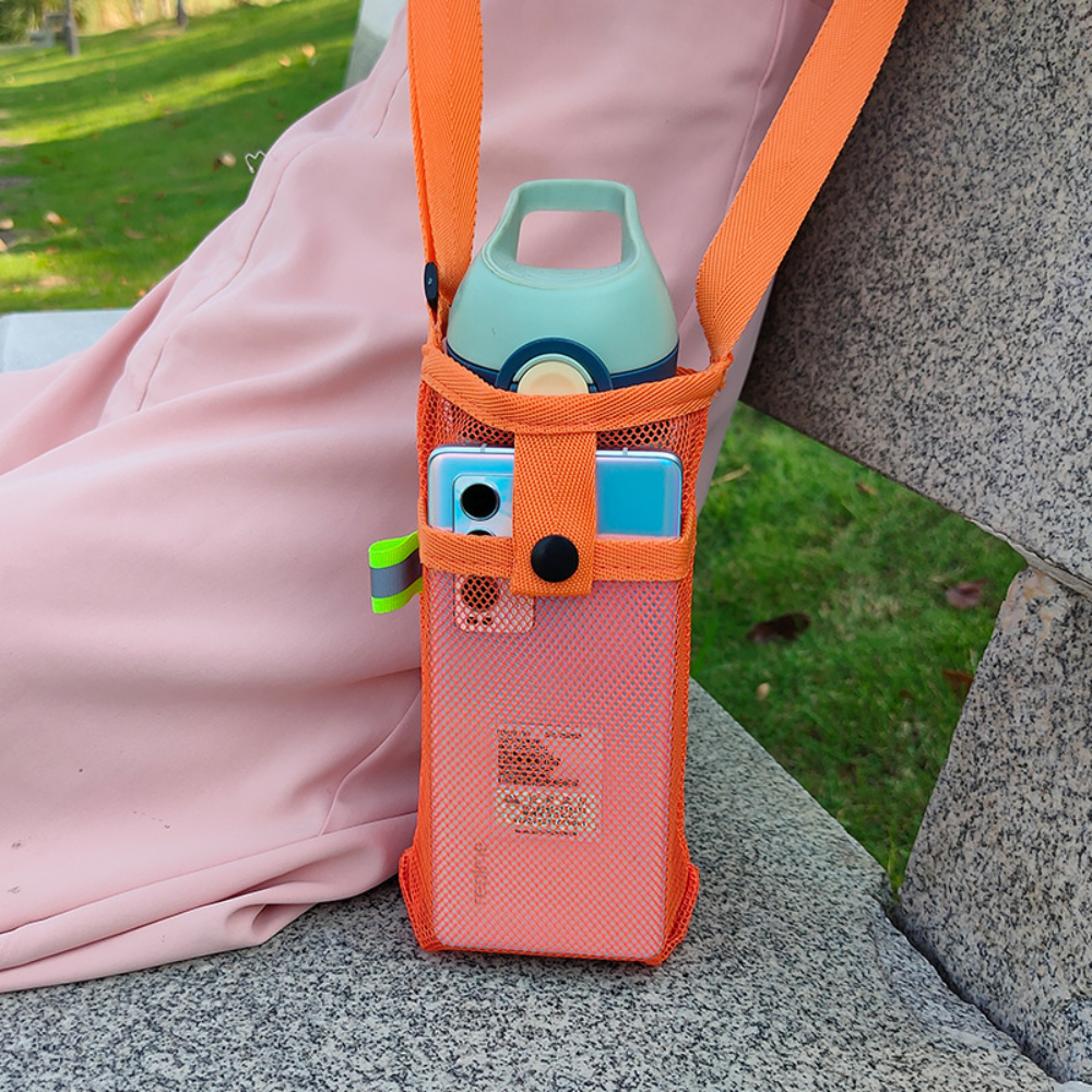 Bolsa de rede de armazenamento crossbody ao ar livre com capa de copo de água e capa protetora para esportes, viagens, acampamento