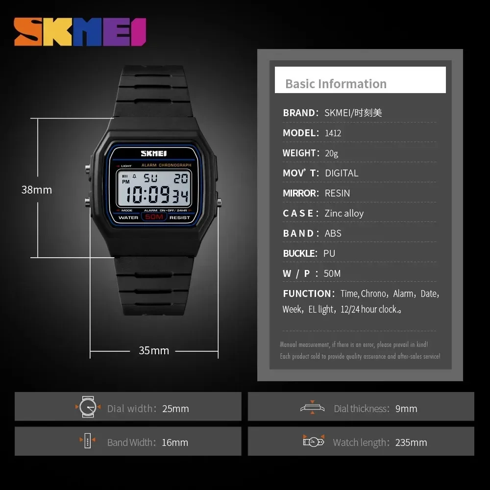 Reloj de pulsera SKMEI 1412 resistente al agua con fecha y semana para mujer, relojes deportivos para parejas, reloj Digital femenino a la moda para mujer