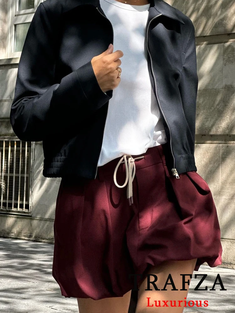 Trafza vintage casual chique borgonha vermelho feminino terno turn-down colarinho com zíper jaqueta cordão mini saia moda 2024 primavera terno