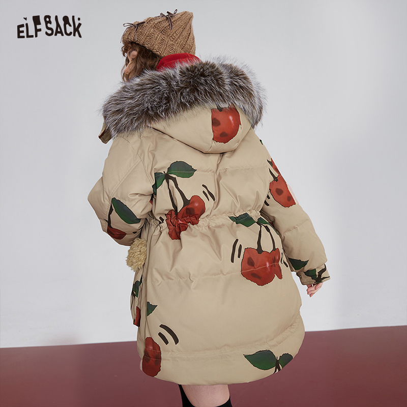 Elfsack MODE Korea เชอร์รี่กราฟิกของผู้หญิงเสื้อขนเป็ดฤดูหนาว2023ใหม่ออกแบบภายนอก