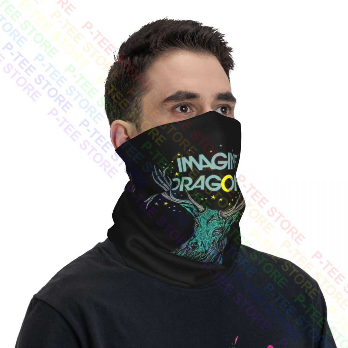 Imagine dragões alces em estrelas merch pescoço gaiter bandana lenço máscara facial unisex correndo alta elástica