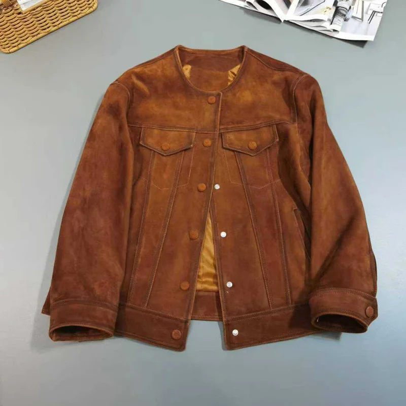 Importierte Wildleder Ziege Lederjacken 2024 fallen neue Damen Echt lederjacke lässig O-Ausschnitt weibliche braune Lammfell Mäntel Tops