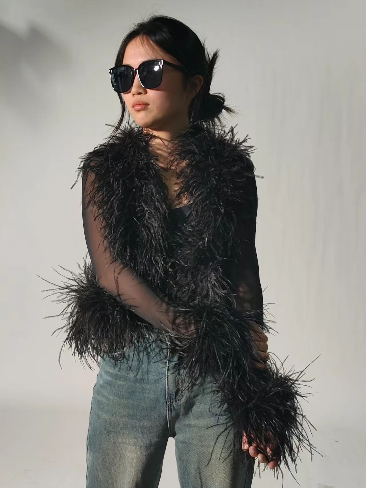 Jxwatcher damskie seksowne siateczkowe topy z piórami wiosna lato panie Vintage Celebrity prawdziwy płaszcz ze strusich piór Fashion Party Wear nowość