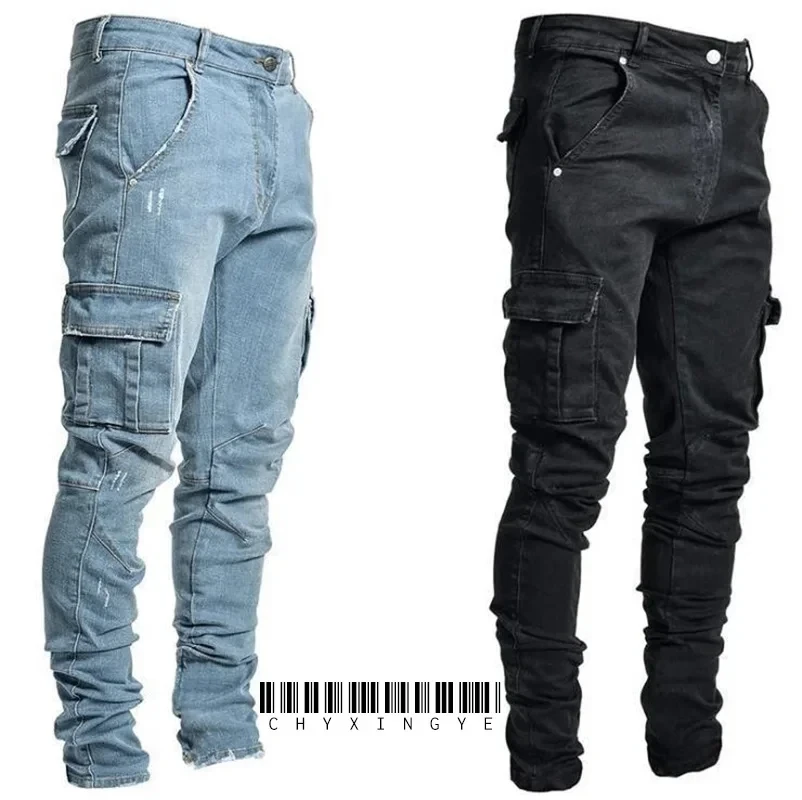 Nuevos pantalones vaqueros elásticos de calle para hombre, pantalones de trabajo con múltiples bolsillos de color sólido lavados, pantalones casuales ajustados para uso diario, pantalones para correr a media wai