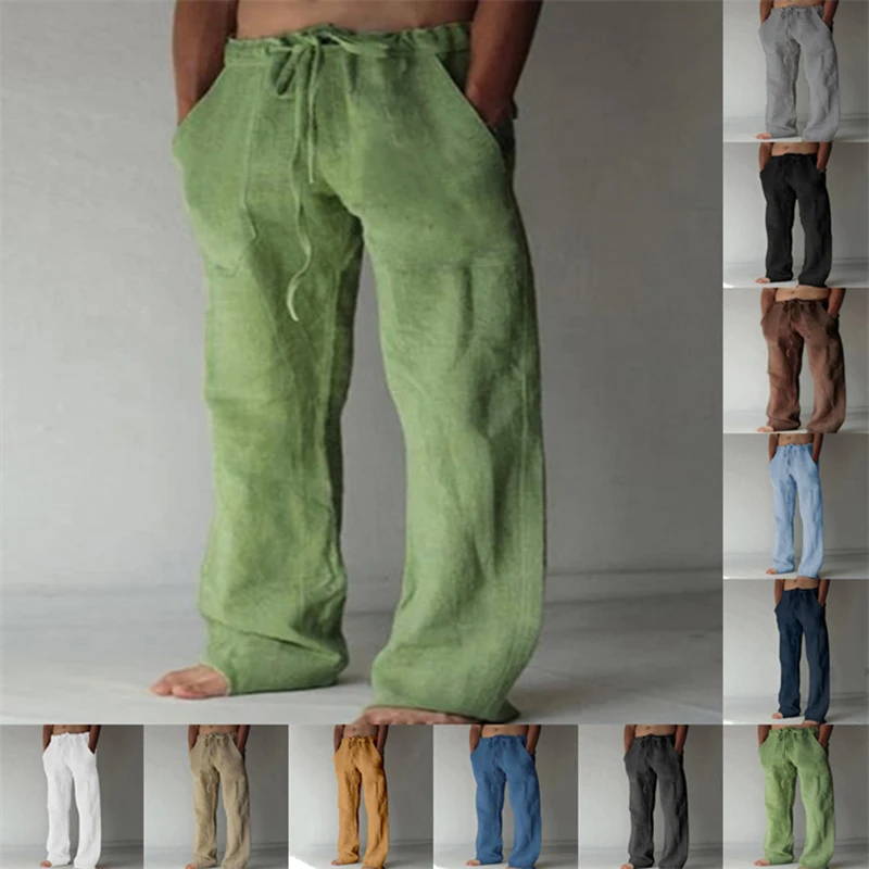 2023 novas calças de linho de algodão masculino outono novo respirável cor sólida calças de linho fitness streetwear S-3XL