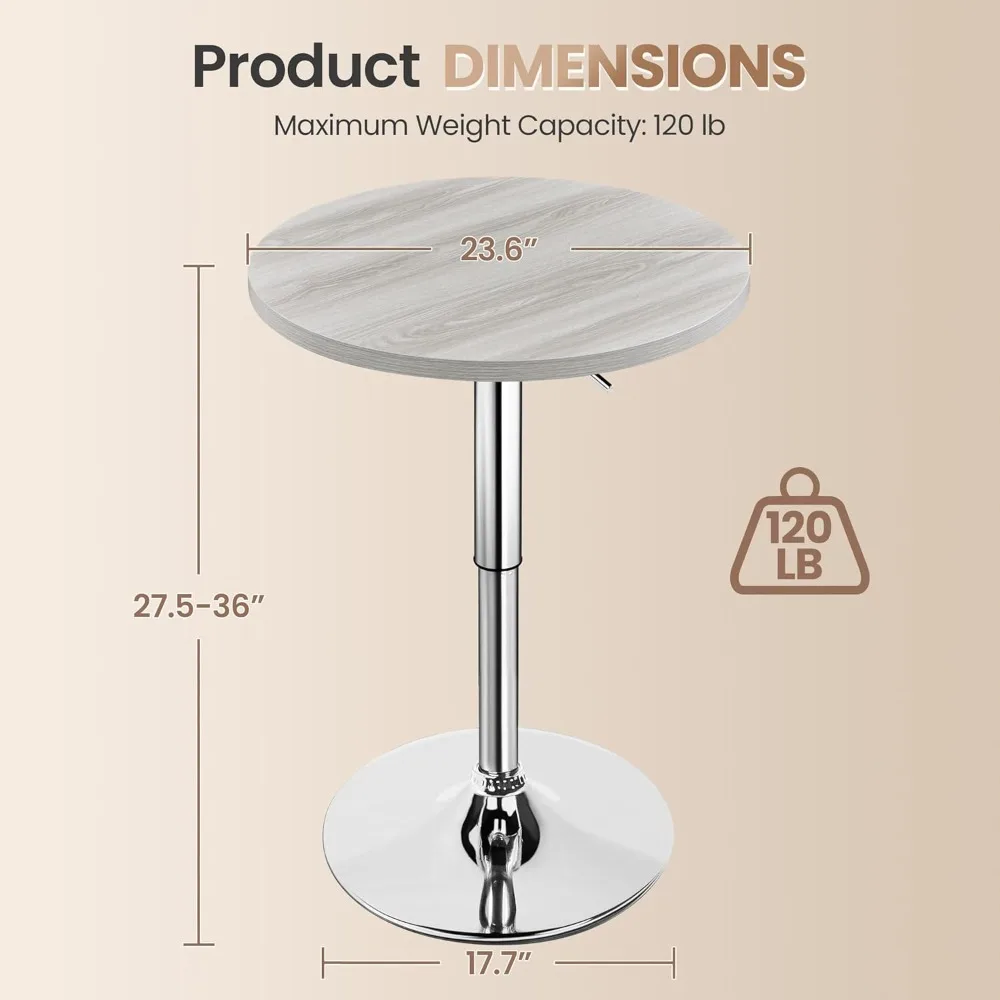 Round Bar Table, Adjustable Height and 360° Swivel Bar Tables, Cocktail Table with MDF Top, Silver Leg Base for Bar, Bistro