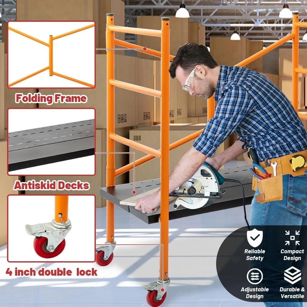 Multi-Purpose Scaffolding Platform Portable Rolling Steel Ladder 800lbs Capacity Locking Wheels Adjustable Height DIY Projects
