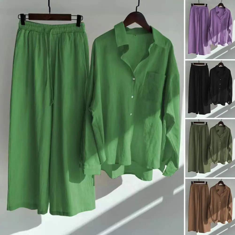 Conjunto de 2 unidades de Tops y pantalones elegantes para mujer, conjunto de traje de Color sólido para mujer, conjunto de traje transpirable de cintura alta con cordón