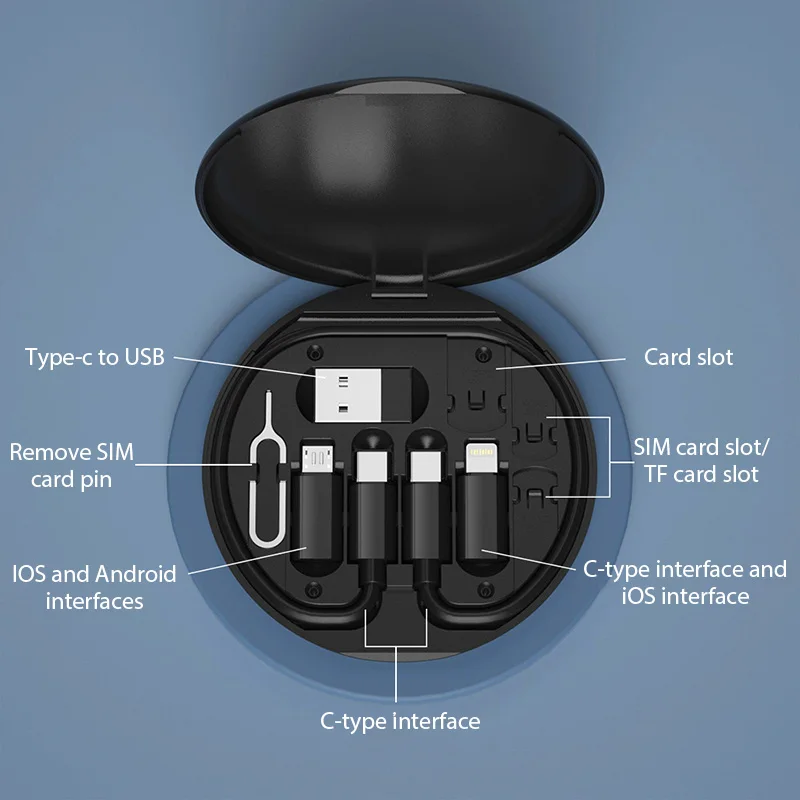 Mini caixa de armazenamento de gadgets digitais multifuncional 5 em 1 cabo de dados do telefone móvel 60w cabo de carregamento rápido caso de armazenamento suporte do telefone