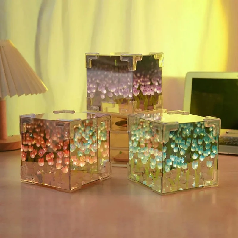 Hot Tulip Nightlight Handmade DIY Material Cube Tulip Mirror Bedroom Decor Atmosphere Lamp Valentine's Day Birthday Gift
