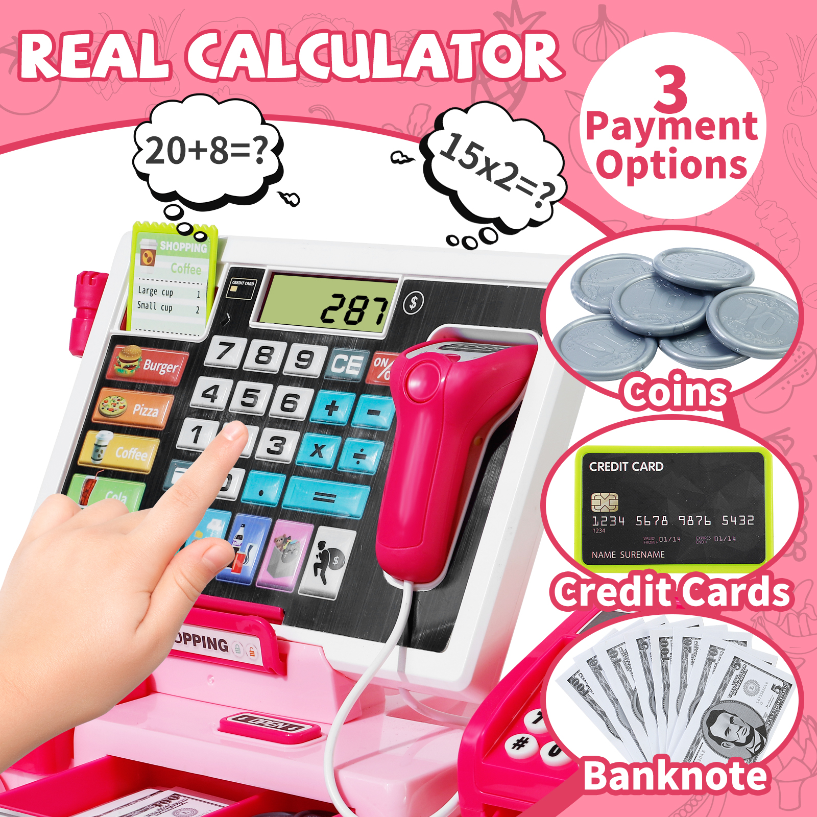Shopping Cash Register Playset with Real Calculator, Pretend Play Store, Learning Toy, Christmas/Halloween/New Year Gift