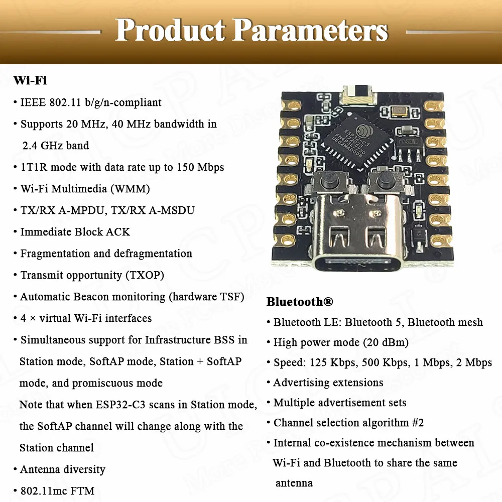 Макетная плата ESP32 C3, мини-модуль Wi-Fi BT, Тип C, Φ 16 контактов, 32-разрядный одноъядерный процессор