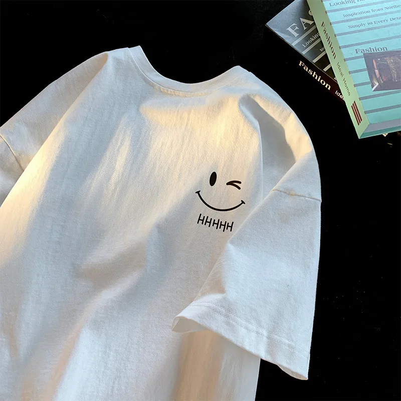 ผู้ชายผู้หญิงยิ้ม Face ตลกแฟชั่นคู่เสื้อยืดแขนสั้น American Basic Simple ขนาดใหญ่หลวม Boys เสื้อสวมหัวด้านบน