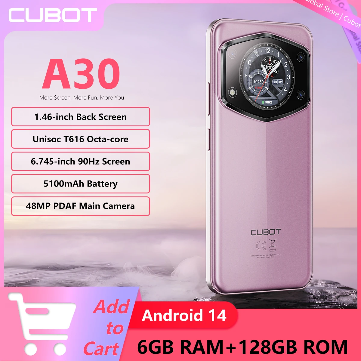 Cubot A30, smartphone Android 14, 16 GB (6 GB+10 GB de extensão) RAM+128 GB ROM, tela de 6,745 polegadas de 90 Hz, 5100 mAh, câmera de 48 MP, ID facial