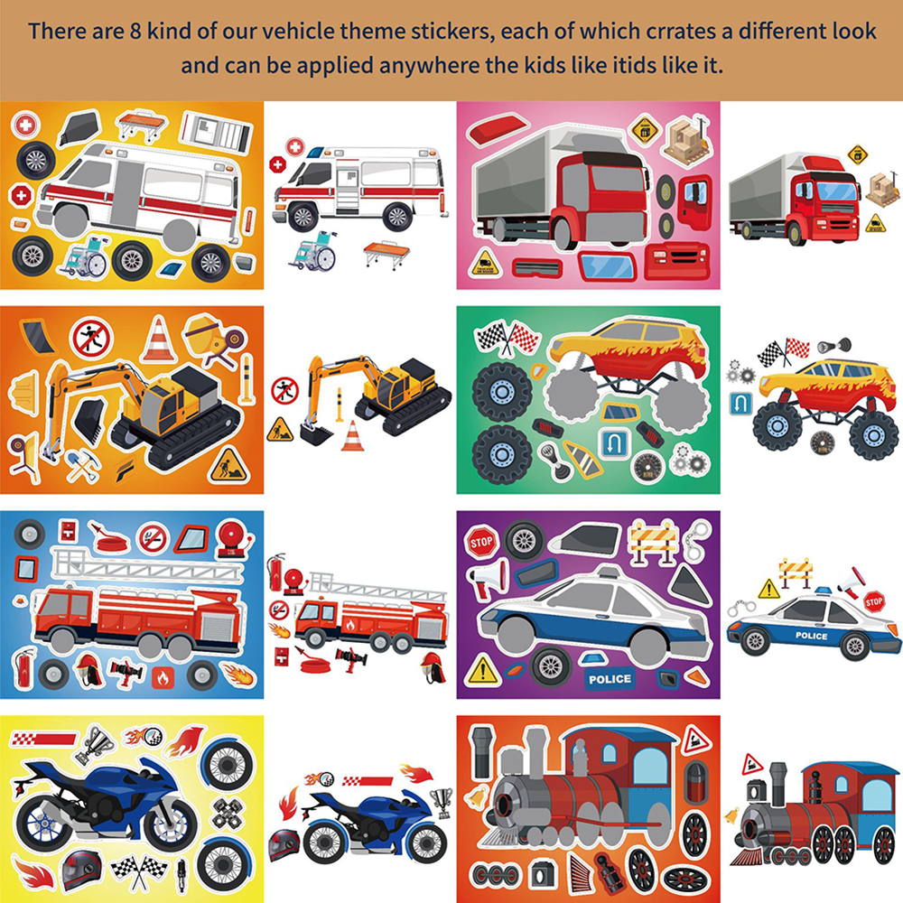 8/16Sheets DIY Engineering Car Puzzle Stickers Make a Face Children Create Your Own Motorcycle Train Truck Jigsaw Game Kids Toy