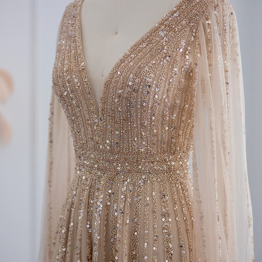ベラシャンパングリッターイブニングドレス V ネック A ラインのウェディングドレスエレガントな床の長さのロングショールカスタマイズ Vestidos デ フィエスタ