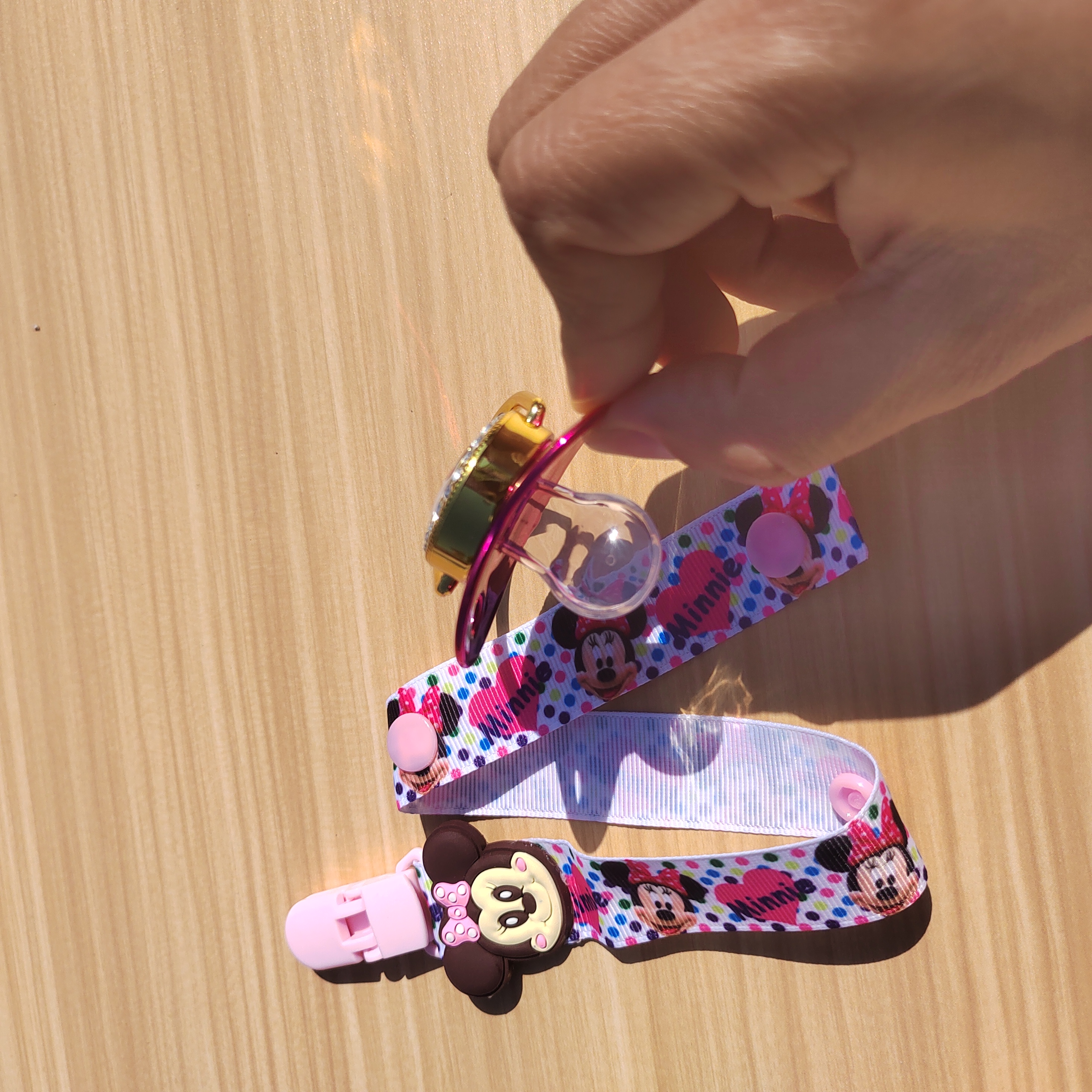 Disney Minnie Mouse การ์ตูน calico Strip คลิปเด็กทารกหรูหรา Pacifier BPA ฟรี Bling ปลอม Pacifier สําหรับเด็กทารกและเด็กทารก