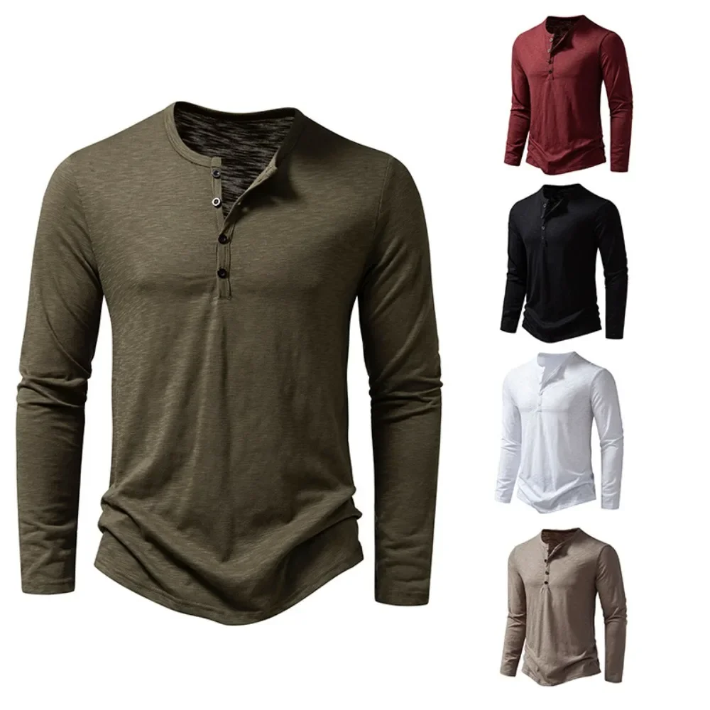 Otoño nuevos hombres de algodón botón de manga larga Henley cuello camiseta Casual Color sólido transpirable versátil moda camisetas delgadas