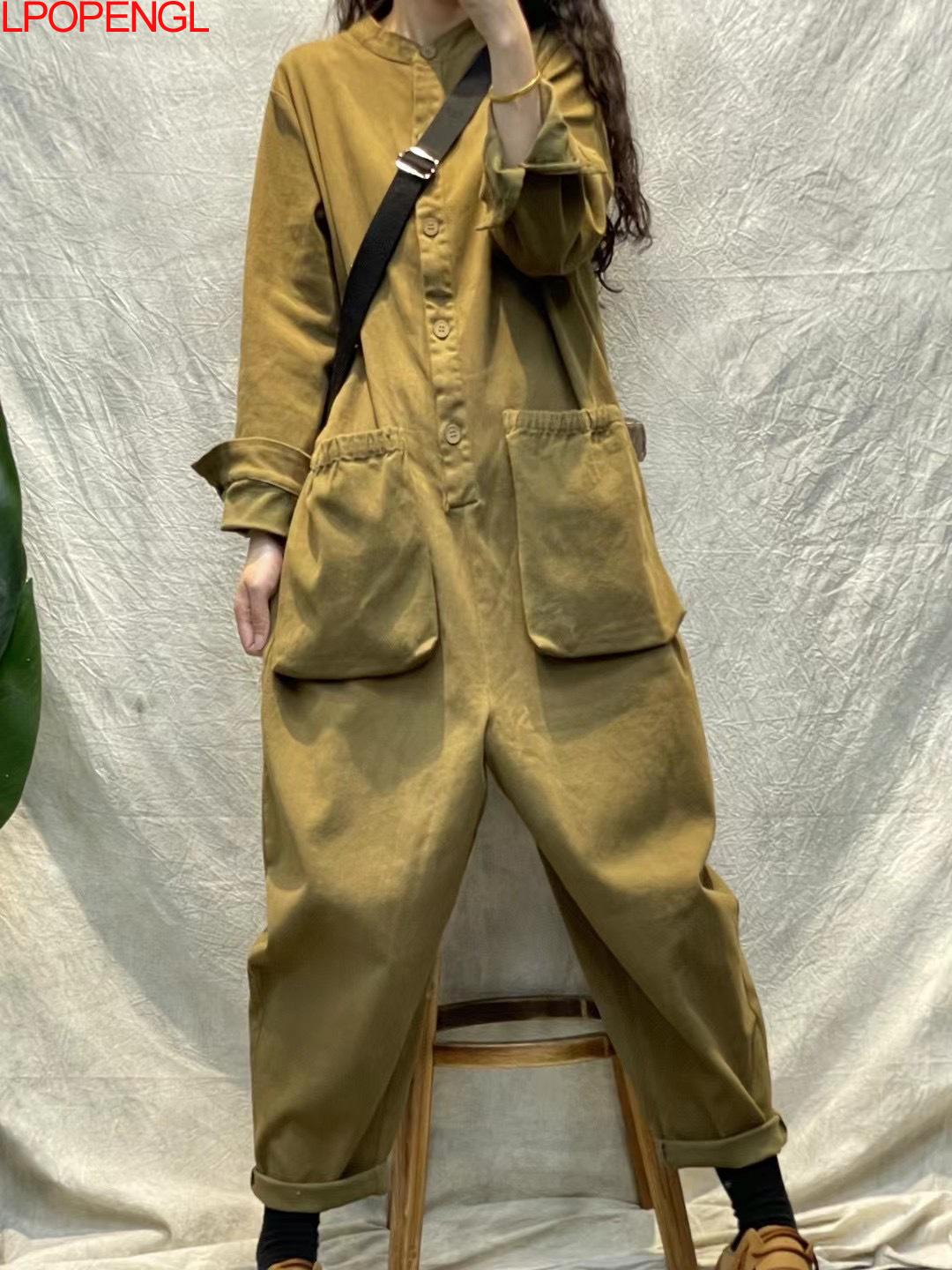 Neue frauen Einfarbig Frühling Lange Ärmel Overall Personalisierte Mode Pullover Gerade Streetwear Taschen Einteilige Hosen