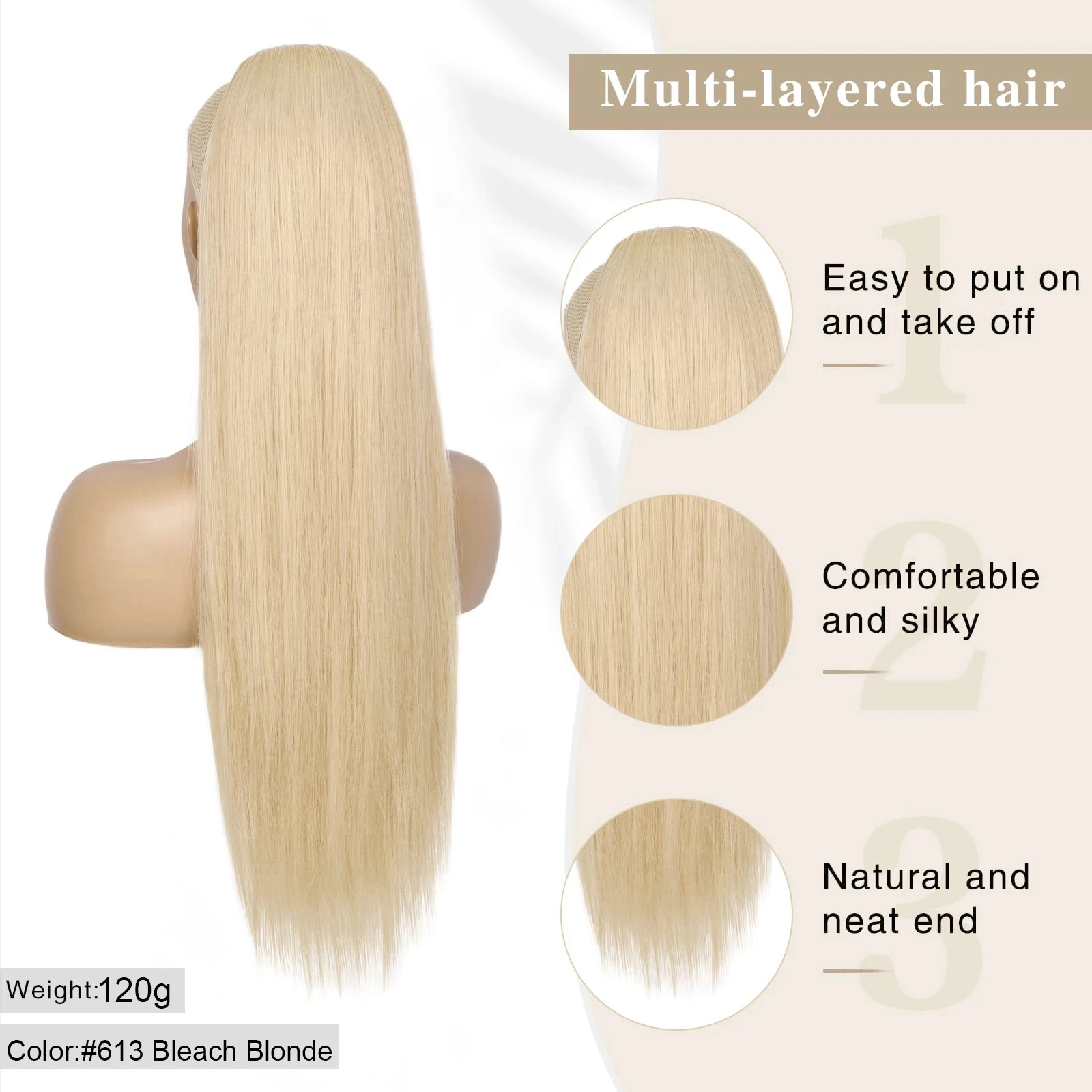 # Extensiones de cabello con cola de caballo con cordón recto Rubio 613, extensiones de cabello humano 100% sin procesar, 10-26 pulgadas, 120G para mujeres