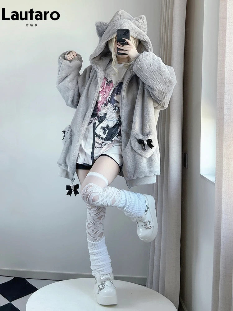 Lautaro Otoño Invierno de gran tamaño dulce lindo Kawaii suave cálido abrigo de piel sintética con capucha mujeres con orejas de oso arco cremallera chaqueta mullida