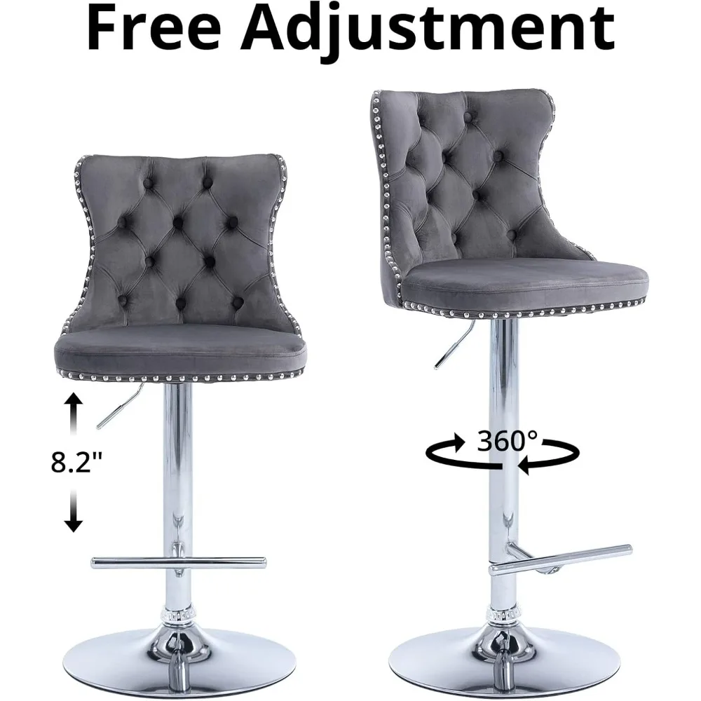 Swivel Bar Stools Set of 4, Barstools with Nailheads Trim, Button Tufted Back and Footrest, Velvet Upholstered Bar Chairs