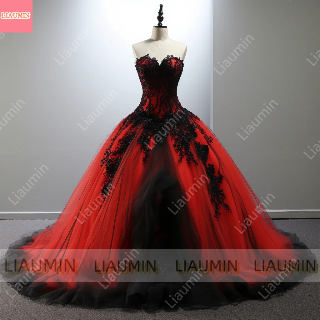 Roter Tüll mit schwarzer Spitze und Randapplikation, V-Ausschnitt, Ballkleid in voller Länge, Schnür-Abendkleid für formelle Anlässe, elegant, individuell gestaltet W3-9