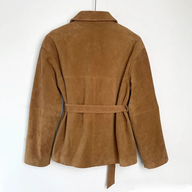 Veste rétro haut de gamme en daim pour femme, manteau Long à simple boutonnage, col carré Auburn, avec ceinture, vêtements d'extérieur pour femmes