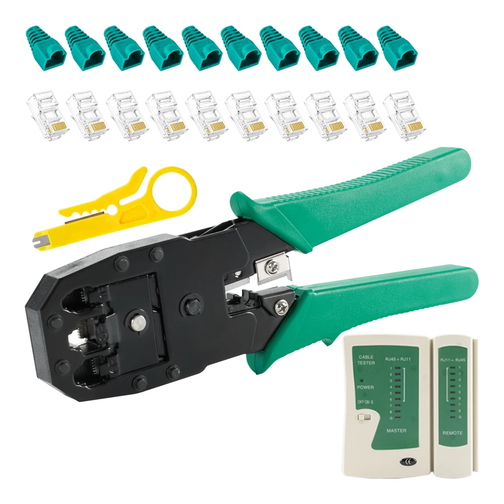 Juego de herramientas de prueba Lan RJ45, pelador de cables Ethernet, herramienta de perforación, conectores rj 45 rj11, juego de reparación de cables 12 en 1