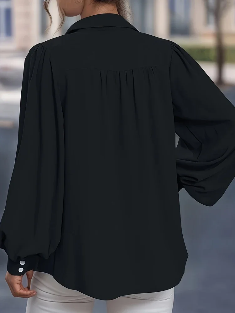 Plus Size Damesoverhemd met open knop en lantaarnmouwen Casual effen kleur Peplum-kraagoverhemd Dameskleding