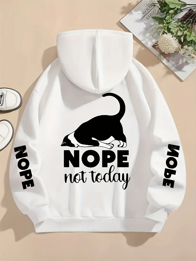 Sudaderas con capucha con estampado de Nope Not Today para mujer, jerséis con bonito gato, Tops holgados con bolsillos, sudaderas de lana cálidas, ropa informal de invierno para mujer