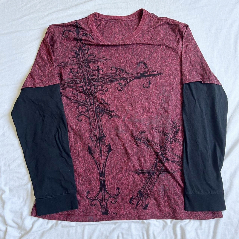 Y2K グランジエモヴィンテージ Tシャツ 2000 年代クロスサイバーゴスパッチワーク長袖 Tシャツ E-girl ゴシック原宿ルーズトップス女性男性