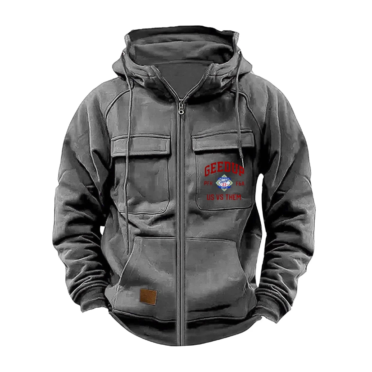 Jersey con capucha y cremallera de Color sólido para hombre, suéter informal holgado estilo callejero con múltiples bolsillos, abrigo deportivo con capucha, otoño