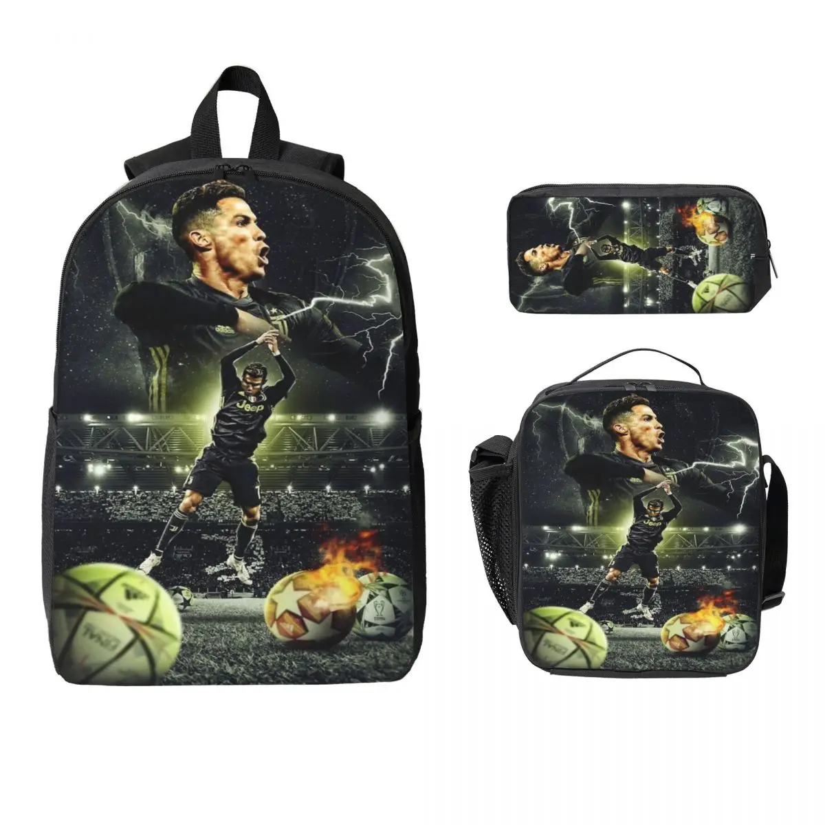 3Pcs Ronaldo CR7 Theme Backpack Set for Boy Girl Goal Style Pen Bags Bookbag Sets with Lunch Box For School Students Daypack