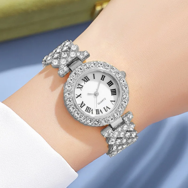 Conjunto de 5 uds de relojes de cristal completo para mujer, Reloj de pulsera con diamantes para mujer, Conjunto de pulsera de Reloj de moda de lujo, regalos de diamantes de imitación
