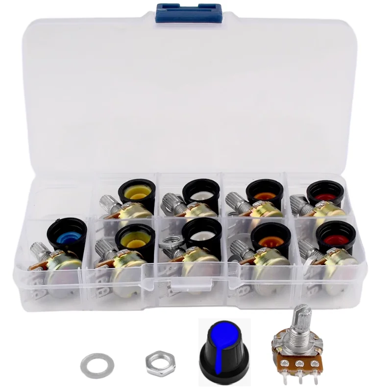 10 Sätze 15 mm WH148 Rändelwelle 3 Anschlüsse Linear Taper Drehpotentiometer Sortiment Kit B1K 2K 5K 10K 20K 50K 100K 250K 50